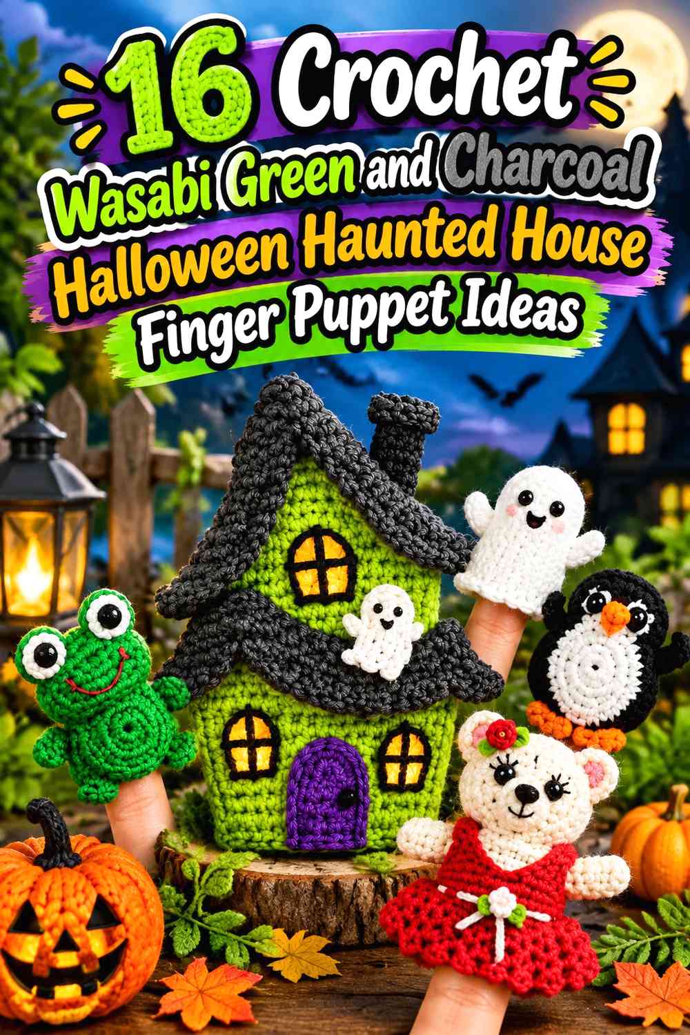 Crochet Wasabi Green and Charcoal Halloween Haunted House Finger Puppet Ideas