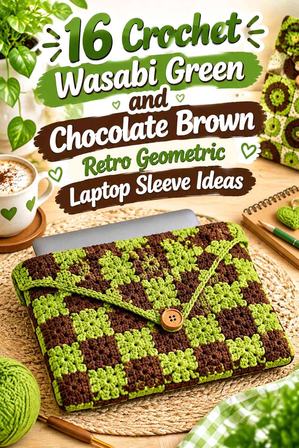 Crochet Wasabi Green and Chocolate Brown Retro Geometric Laptop Sleeve Ideas