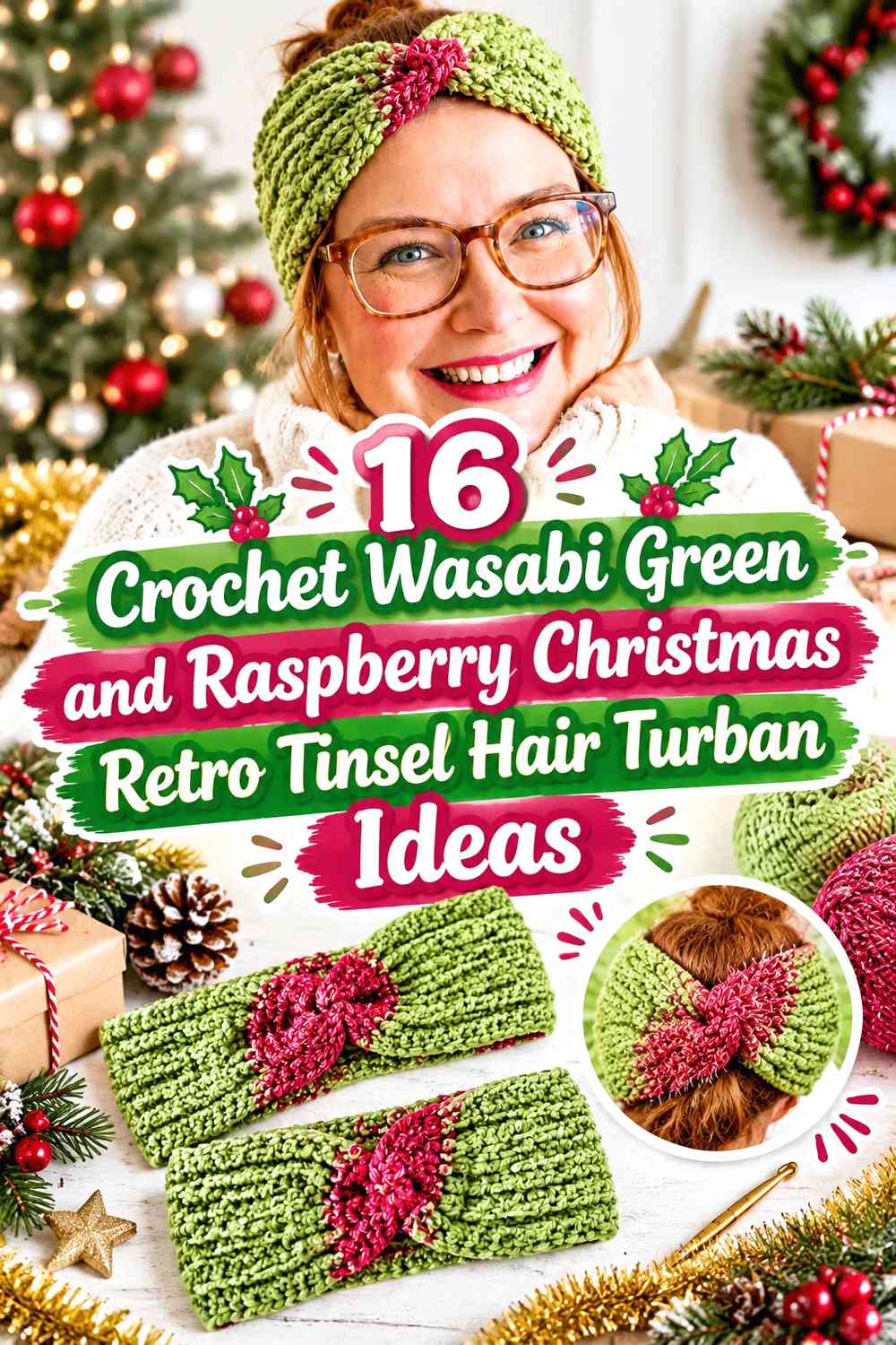 Crochet Wasabi Green and Raspberry Christmas Retro Tinsel Hair Turban Ideas