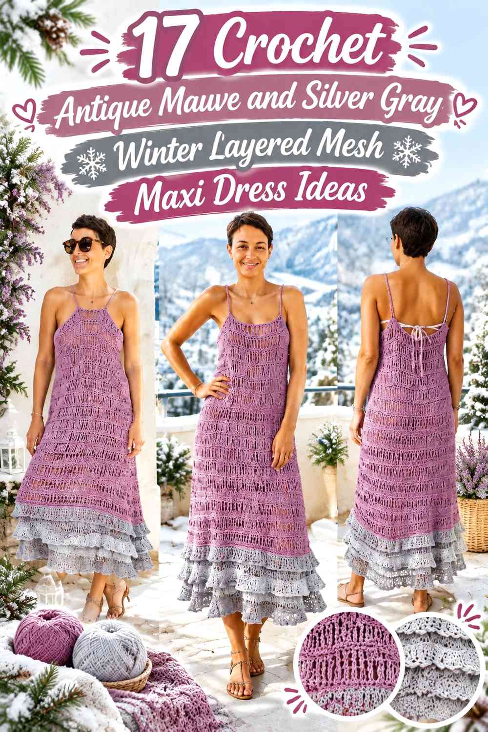 Crochet Antique Mauve and Silver Gray Winter Layered Mesh Maxi Dress Ideas
