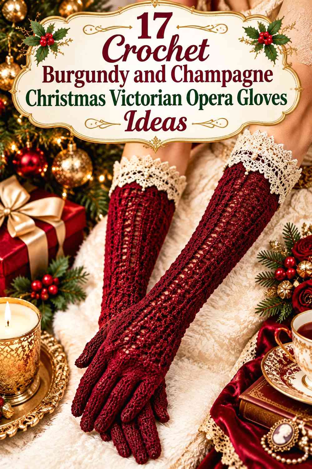 Crochet Burgundy and Champagne Christmas Victorian Opera Gloves Ideas