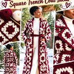 Crochet Burgundy and Pearl White Winter Granny Square Trench Coat Ideas