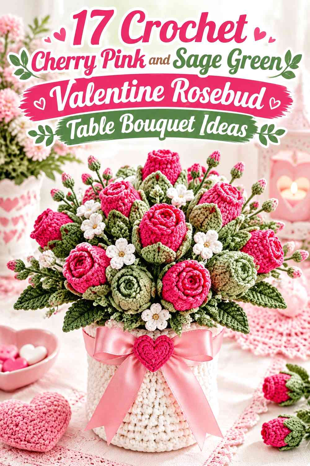 Crochet Cherry Pink and Sage Green Valentine Rosebud Table Bouquet Ideas