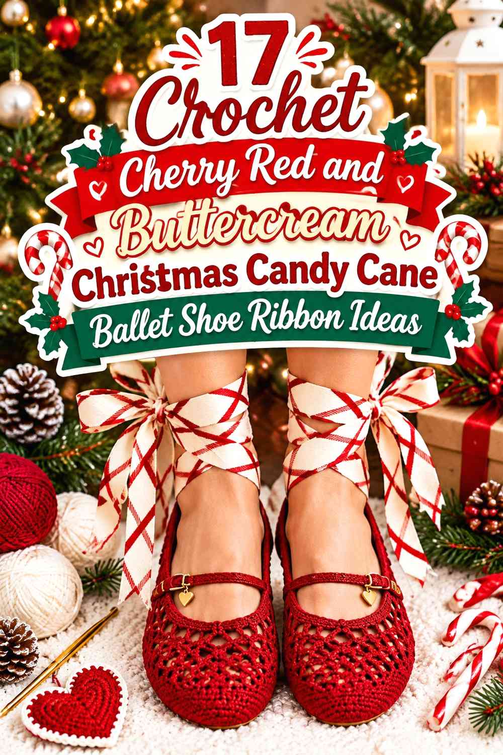 Crochet Cherry Red and Buttercream Christmas Candy Cane Ballet Shoe Ribbon Ideas