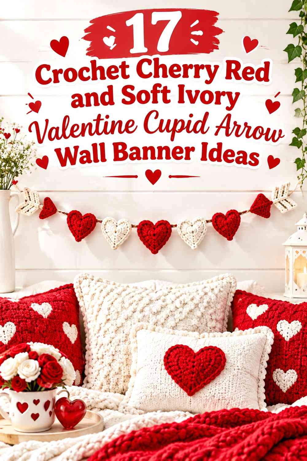 Crochet Cherry Red and Soft Ivory Valentine Cupid Arrow Wall Banner Ideas