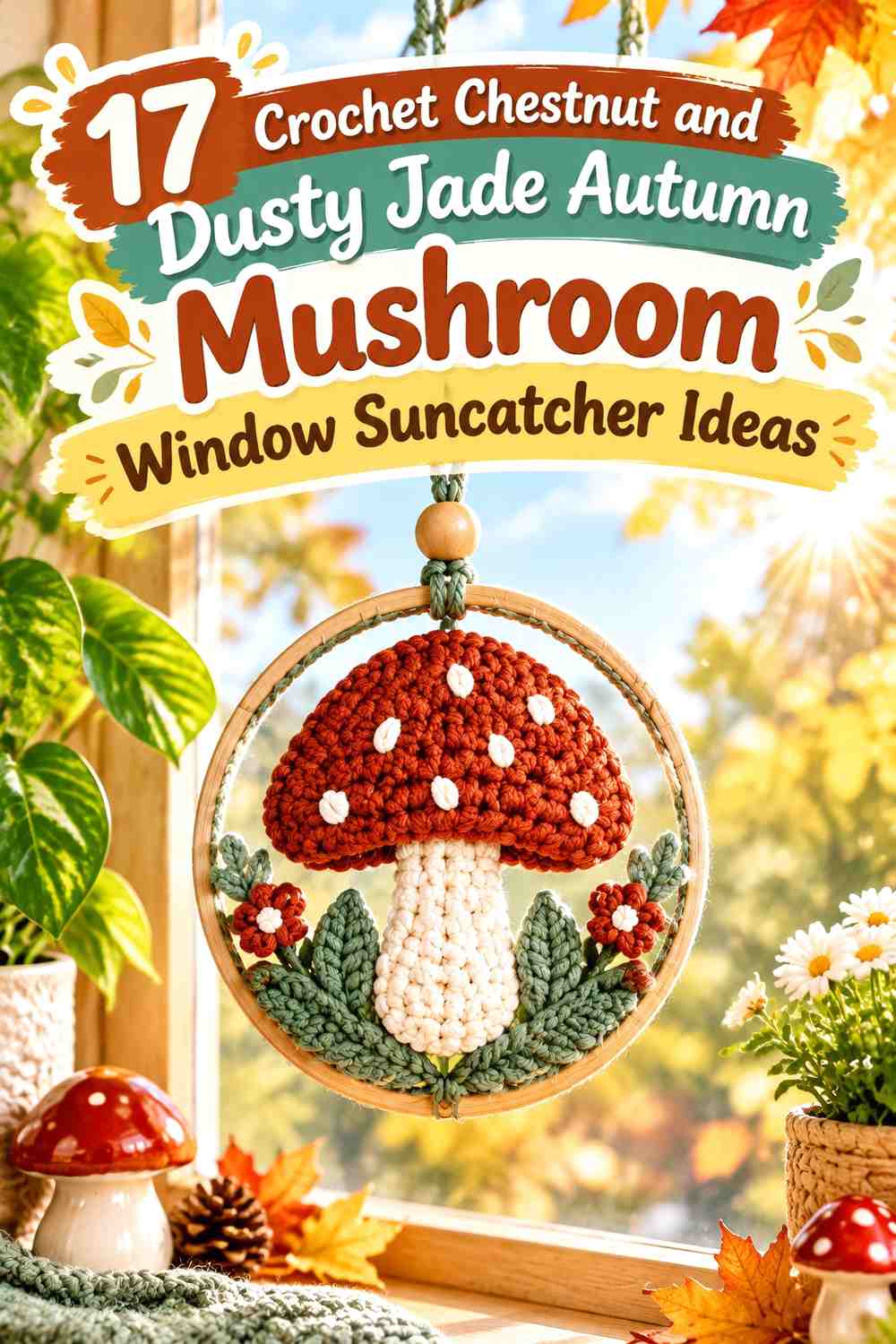 Crochet Chestnut and Dusty Jade Autumn Mushroom Window Suncatcher Ideas
