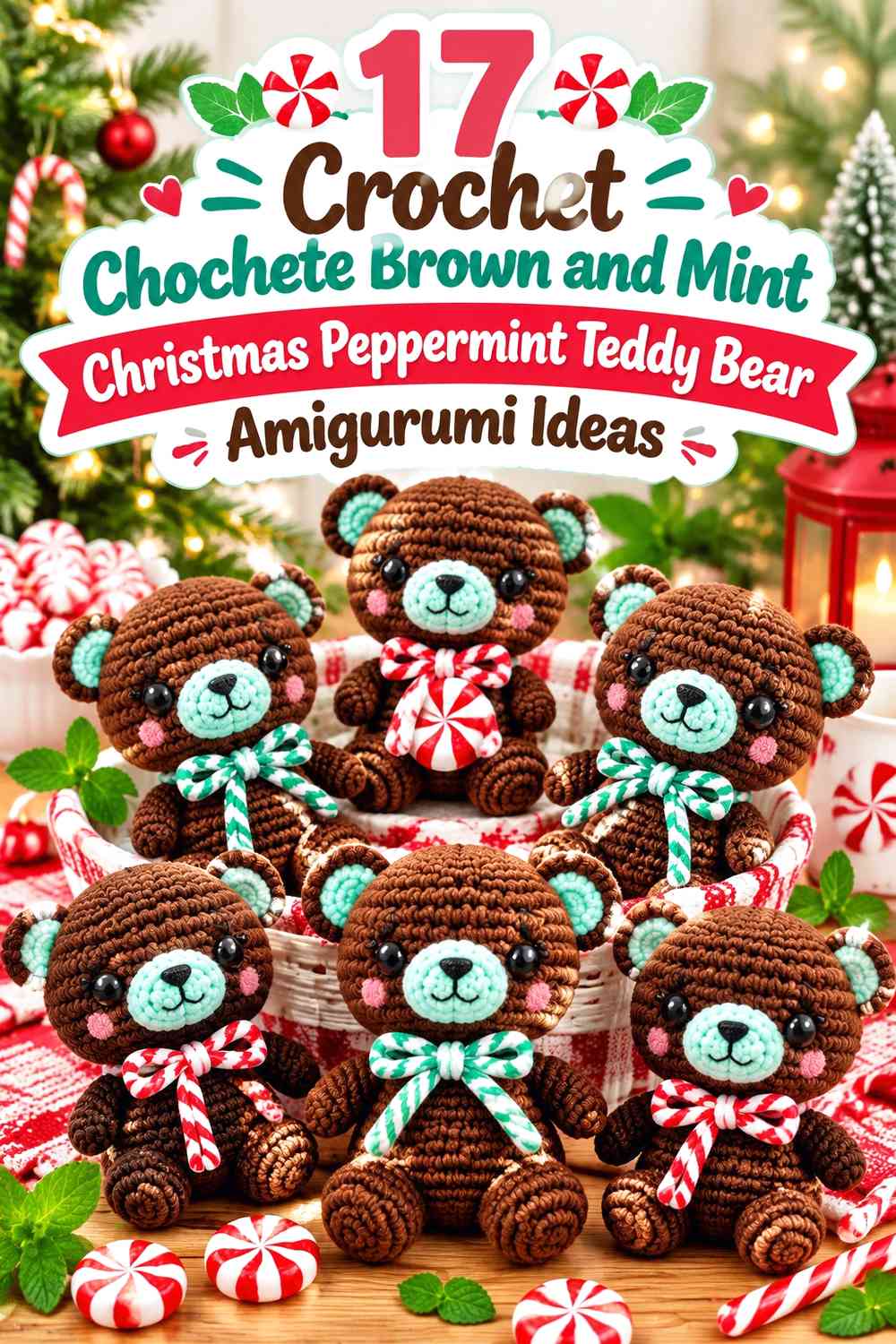 Crochet Chocolate Brown and Mint Christmas Peppermint Teddy Bear Amigurumi Ideas