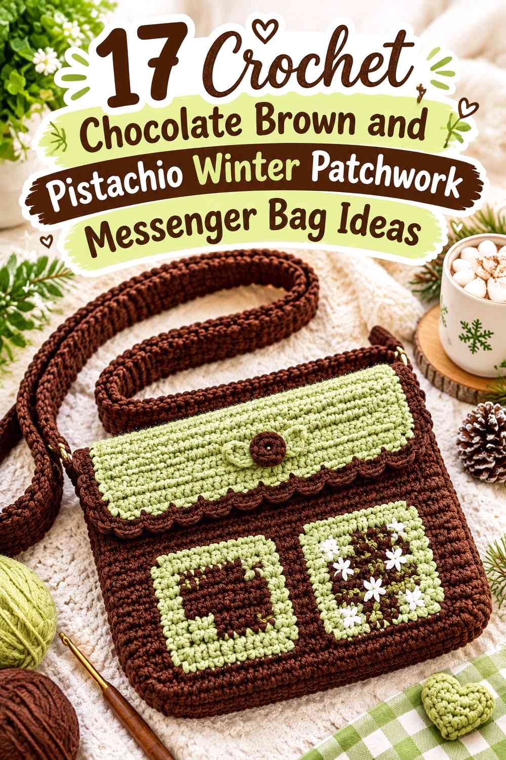 Crochet Chocolate Brown and Pistachio Winter Patchwork Messenger Bag Ideas
