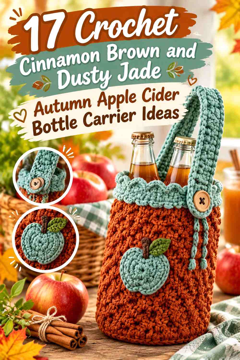 Crochet Cinnamon Brown and Dusty Jade Autumn Apple Cider Bottle Carrier Ideas