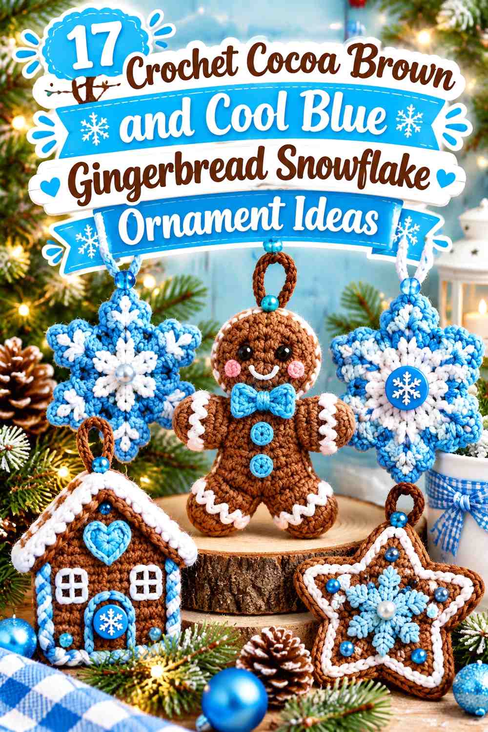 Crochet Cocoa Brown and Cool Blue Gingerbread Snowflake Ornament Ideas