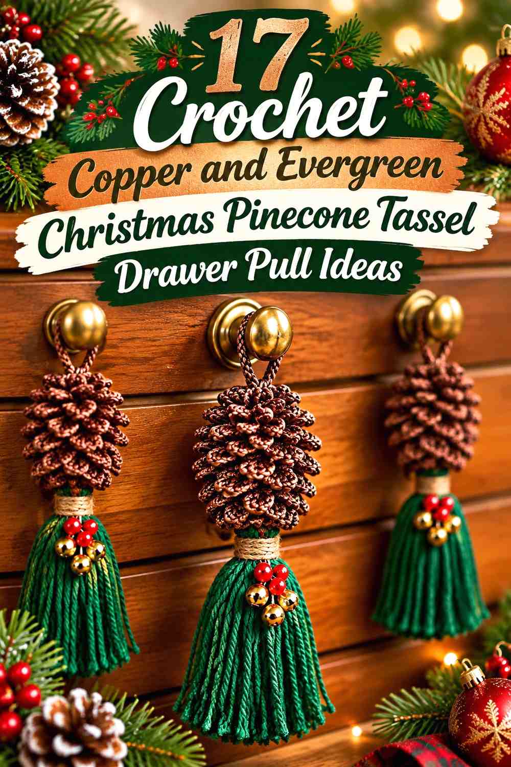 Copper and Evergreen Crochet Christmas Pinecone Tassel Drawer Pull Ideas