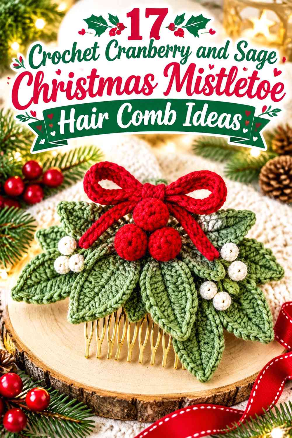 Crochet Cranberry and Sage Christmas Mistletoe Hair Comb Ideas