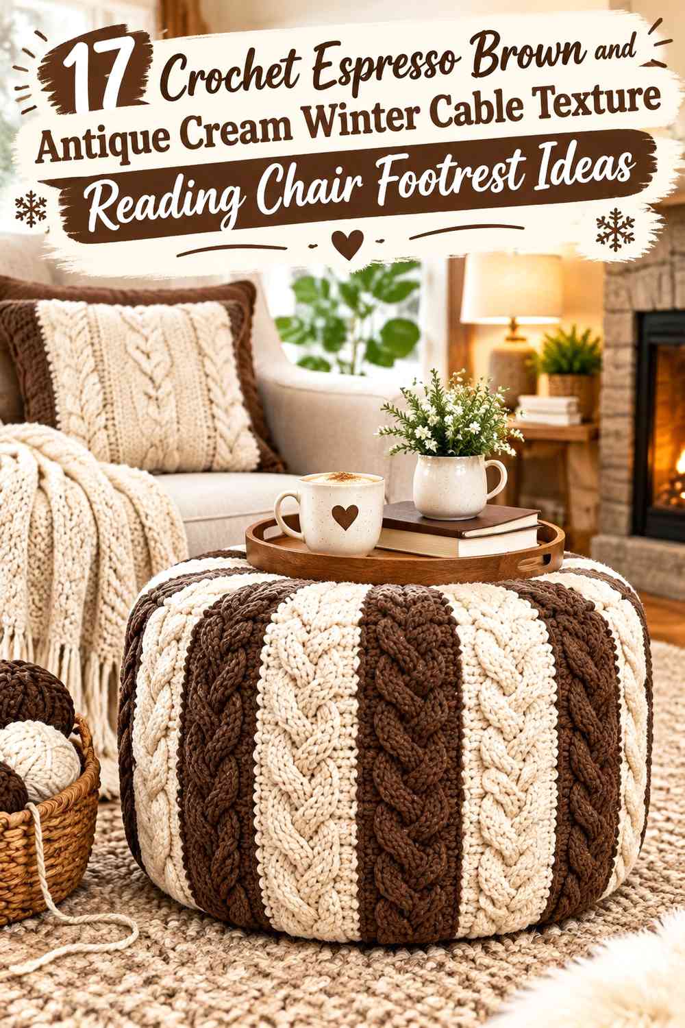 Crochet Espresso Brown and Antique Cream Winter Cable Texture Reading Chair Footrest Ideas