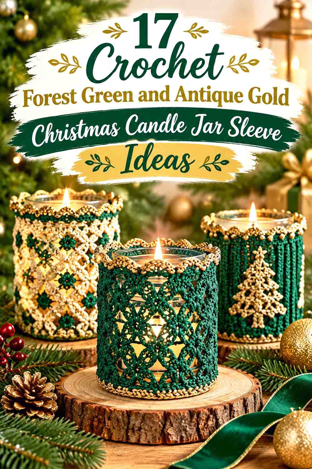 Crochet Forest Green and Antique Gold Christmas Candle Jar Sleeve Ideas