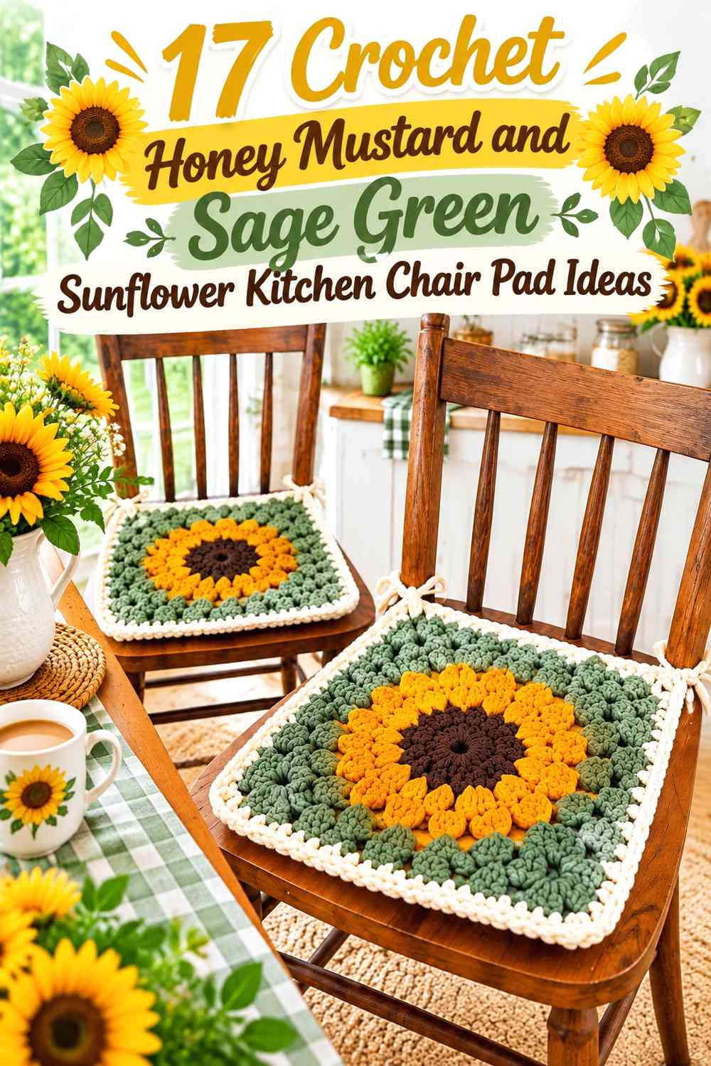 Crochet Honey Mustard and Sage Green Sunflower Kitchen Chair Pad Ideas