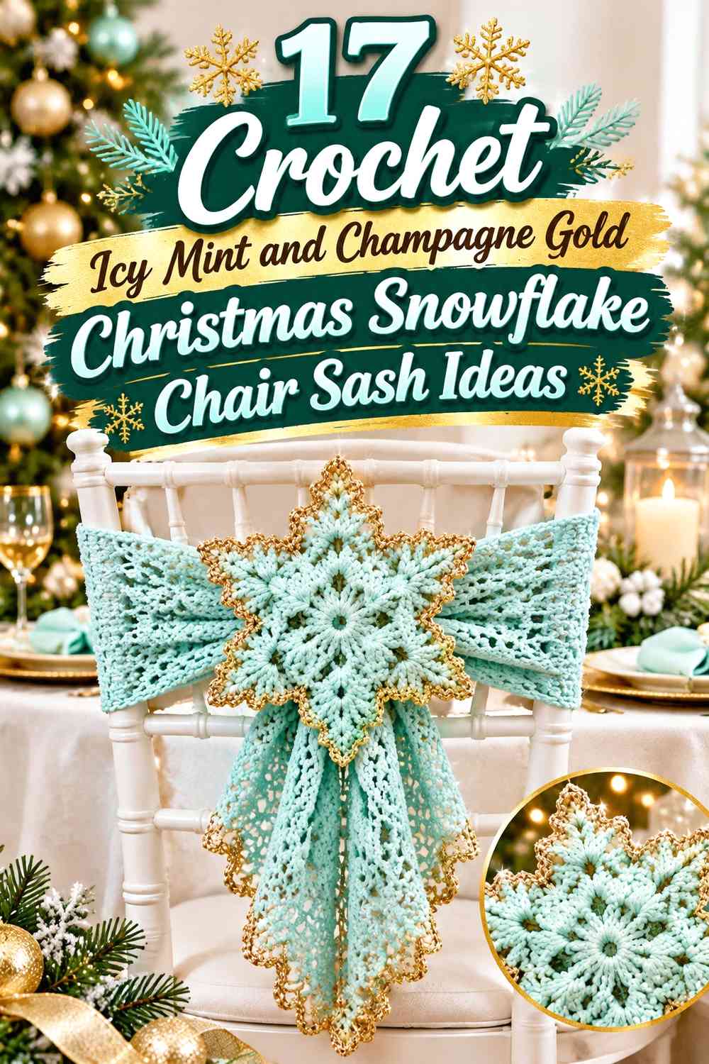 Crochet Icy Mint and Champagne Gold Christmas Snowflake Chair Sash Ideas