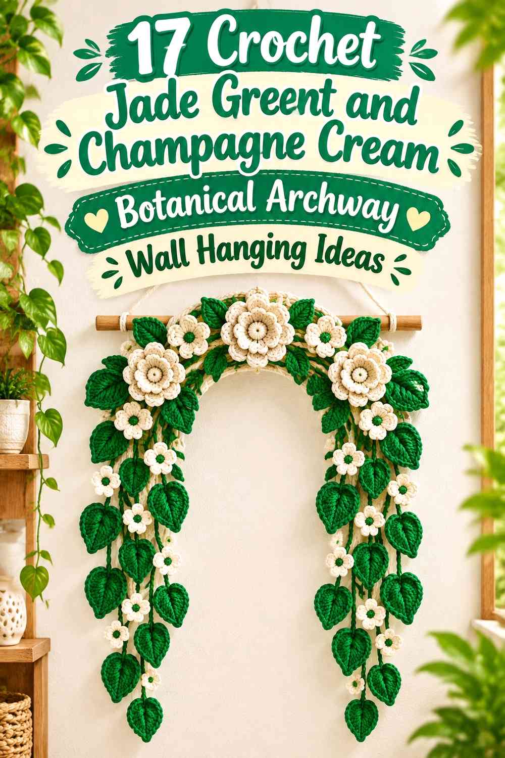 Crochet Jade Green and Champagne Cream Botanical Archway Wall Hanging Ideas