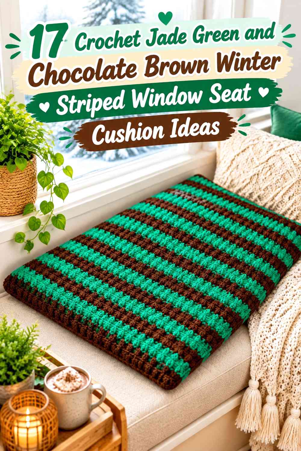 Crochet Jade Green and Chocolate Brown Winter Striped Window Seat Cushion Ideas