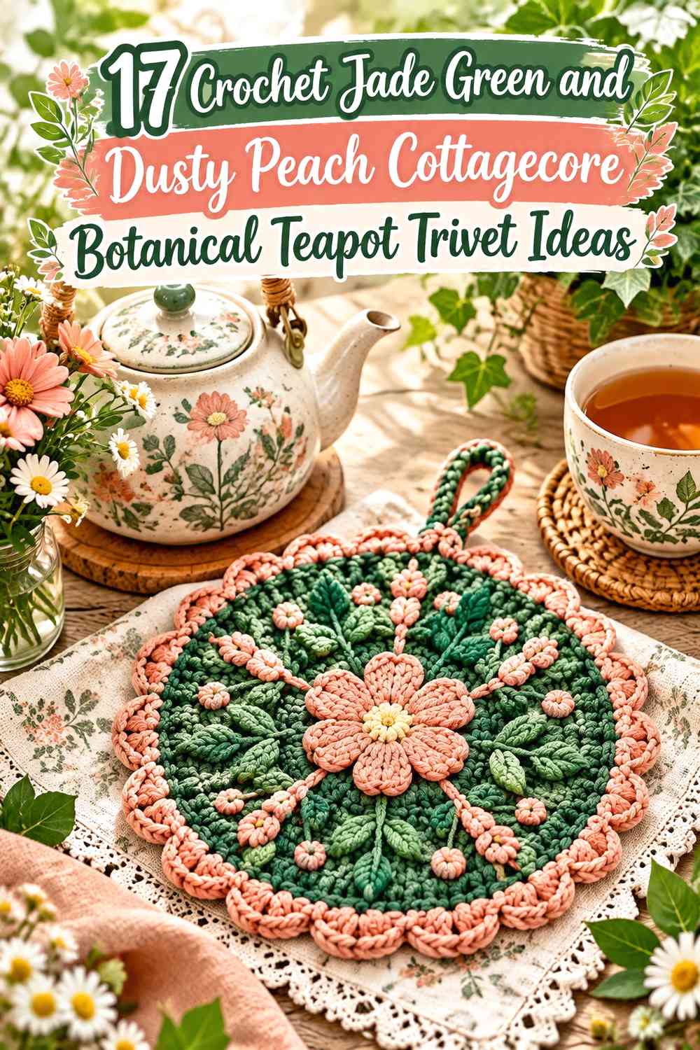 Crochet Jade Green and Dusty Peach Cottagecore Botanical Teapot Trivet Ideas