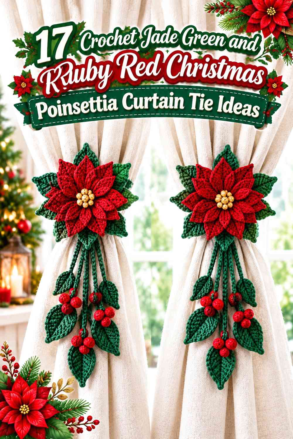 Crochet Jade Green and Ruby Red Christmas Poinsettia Curtain Tie Ideas