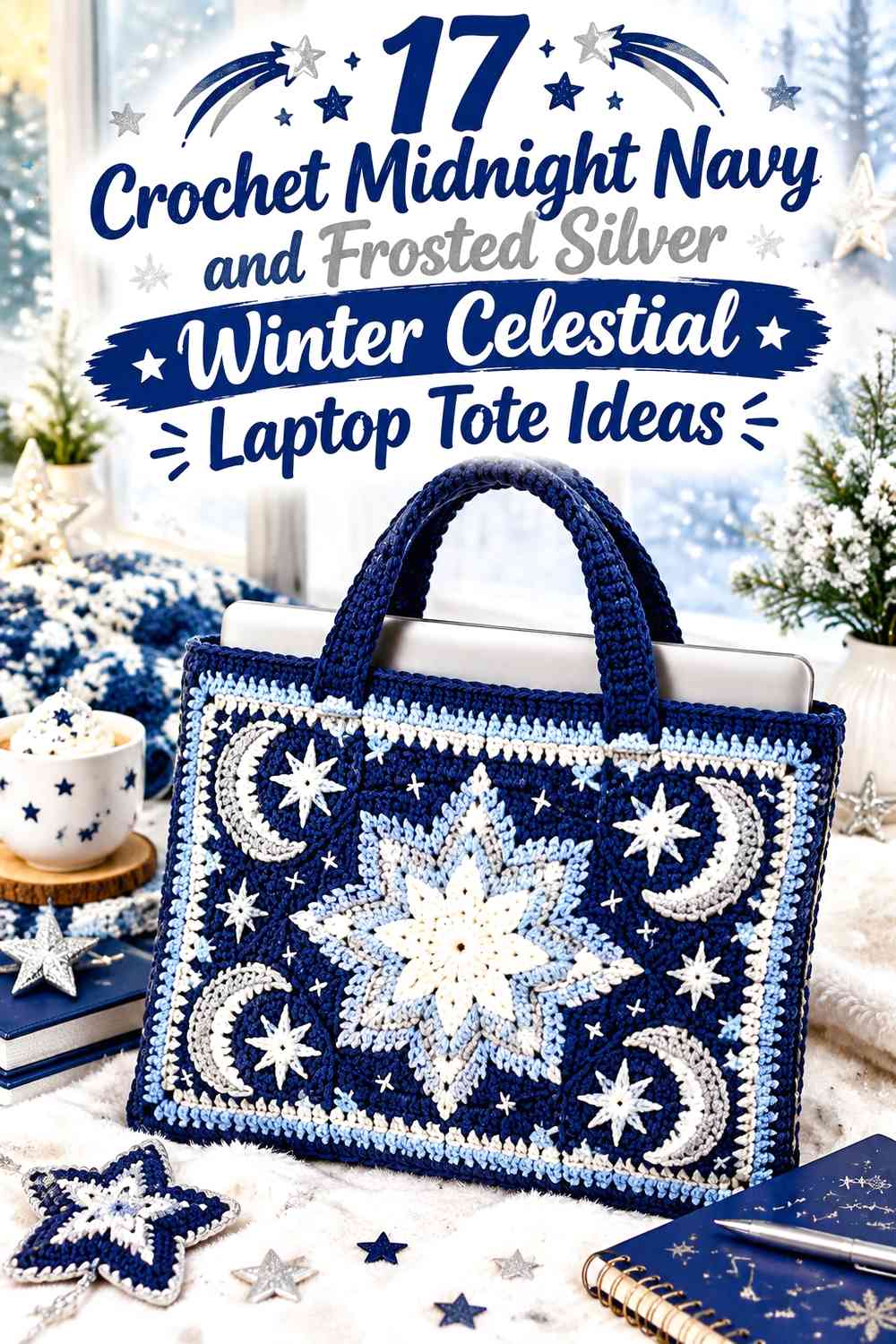 Crochet Midnight Navy and Frosted Silver Winter Celestial Laptop Tote Ideas