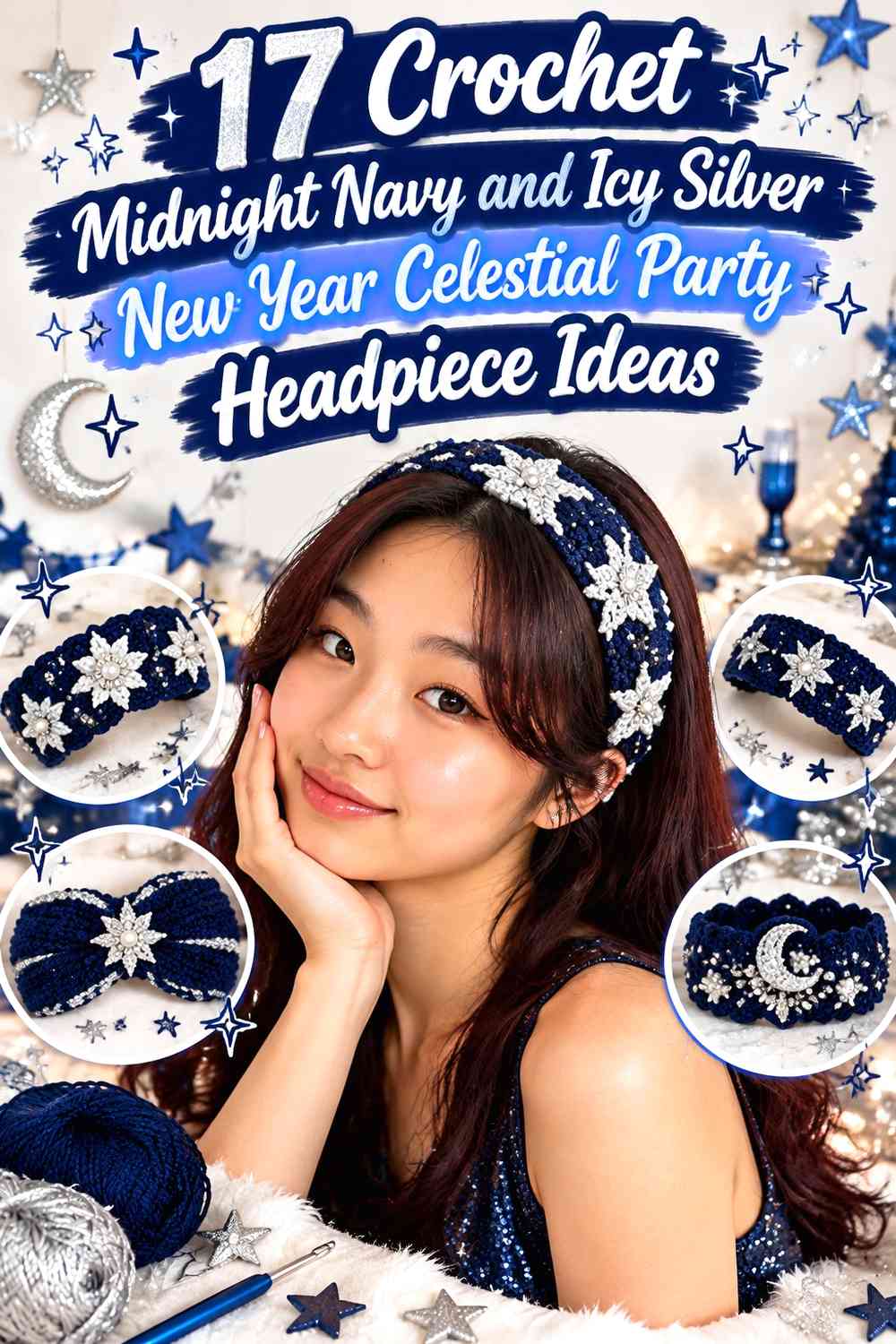 Crochet Midnight Navy and Icy Silver New Year Celestial Party Headpiece Ideas