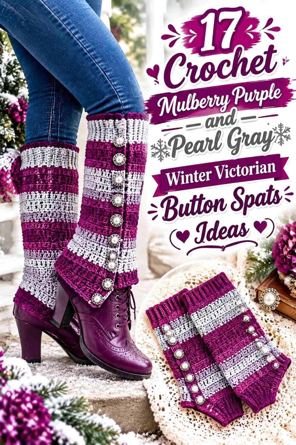 Crochet Mulberry Purple and Pearl Gray Winter Victorian Button Spats Ideas