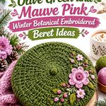 Crochet Olive Green and Mauve Pink Winter Botanical Embroidered Beret Ideas