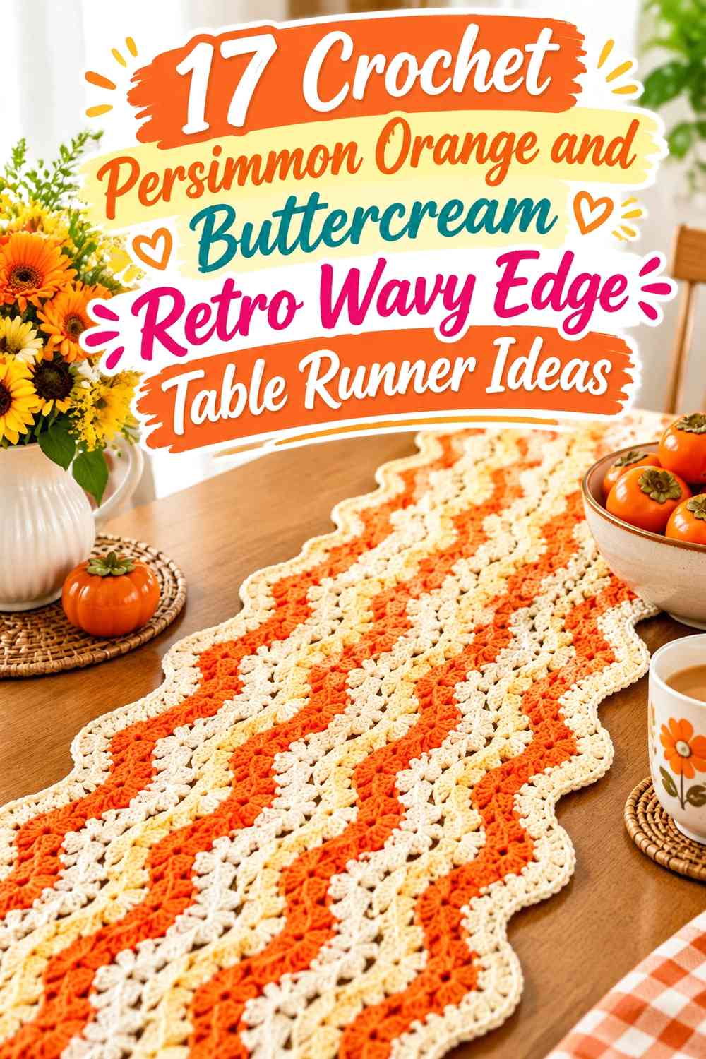 Crochet Persimmon Orange and Buttercream Retro Wavy Edge Table Runner Ideas