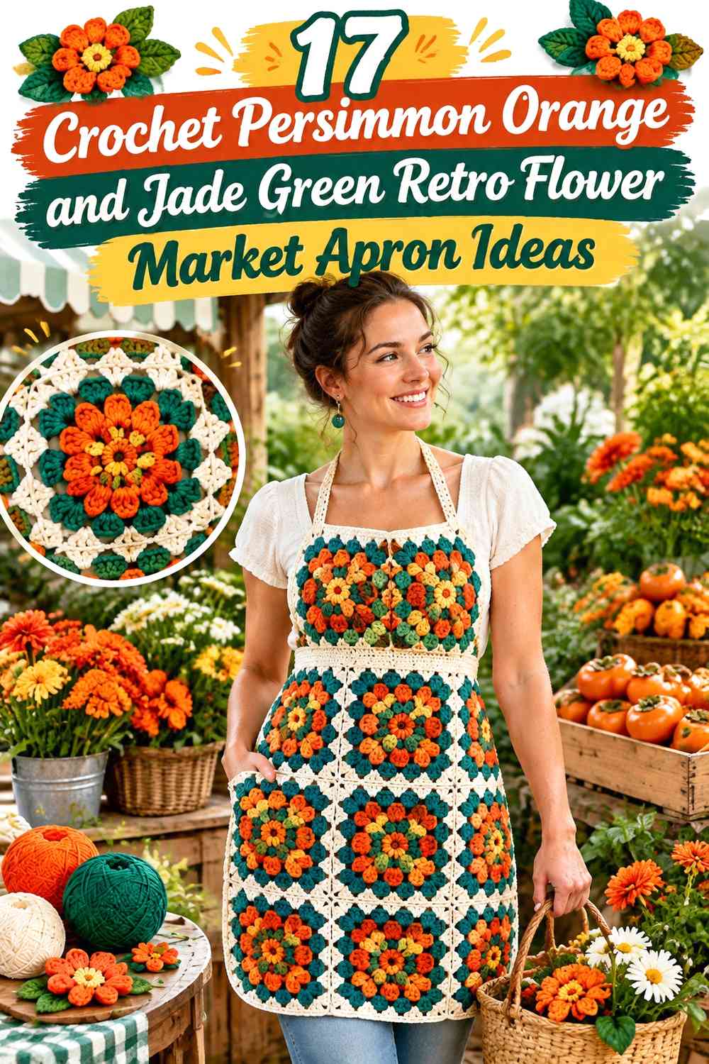 Crochet Persimmon Orange and Jade Green Retro Flower Market Apron Ideas