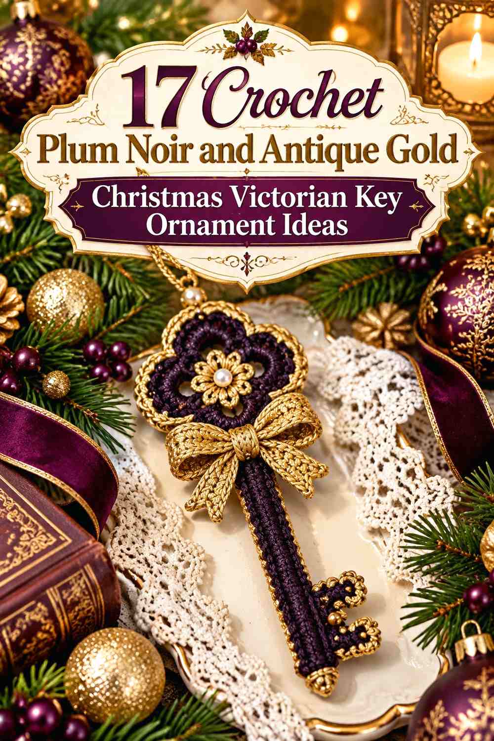Crochet Plum Noir and Antique Gold Christmas Victorian Key Ornament Ideas