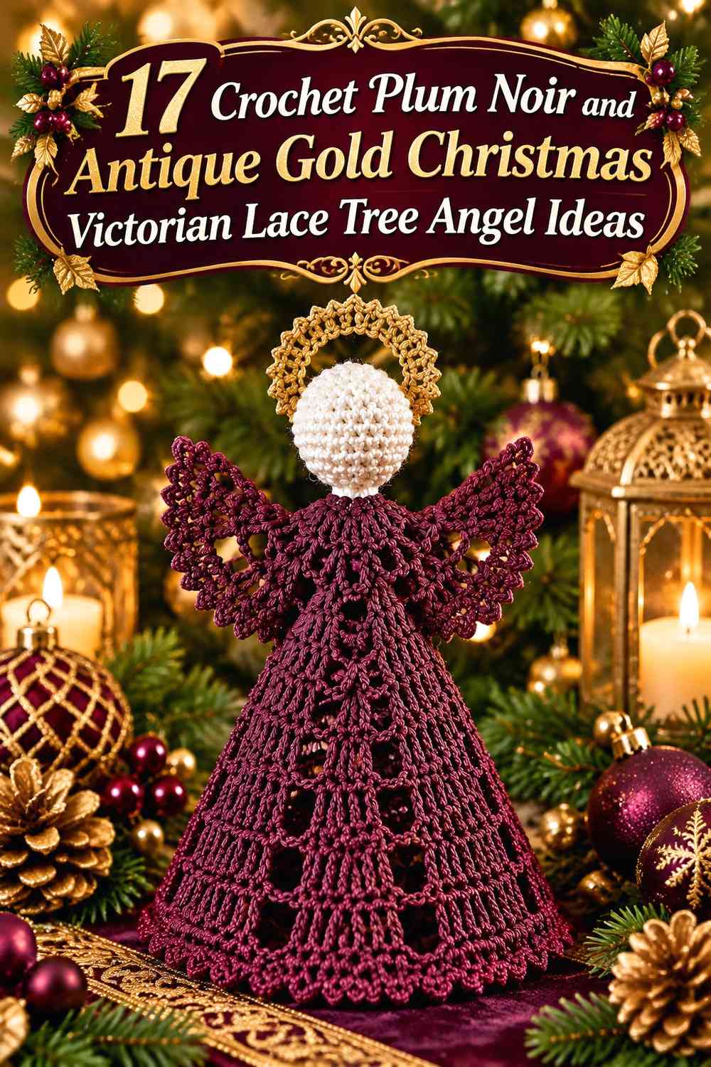 Crochet Plum Noir and Antique Gold Christmas Victorian Lace Tree Angel Ideas