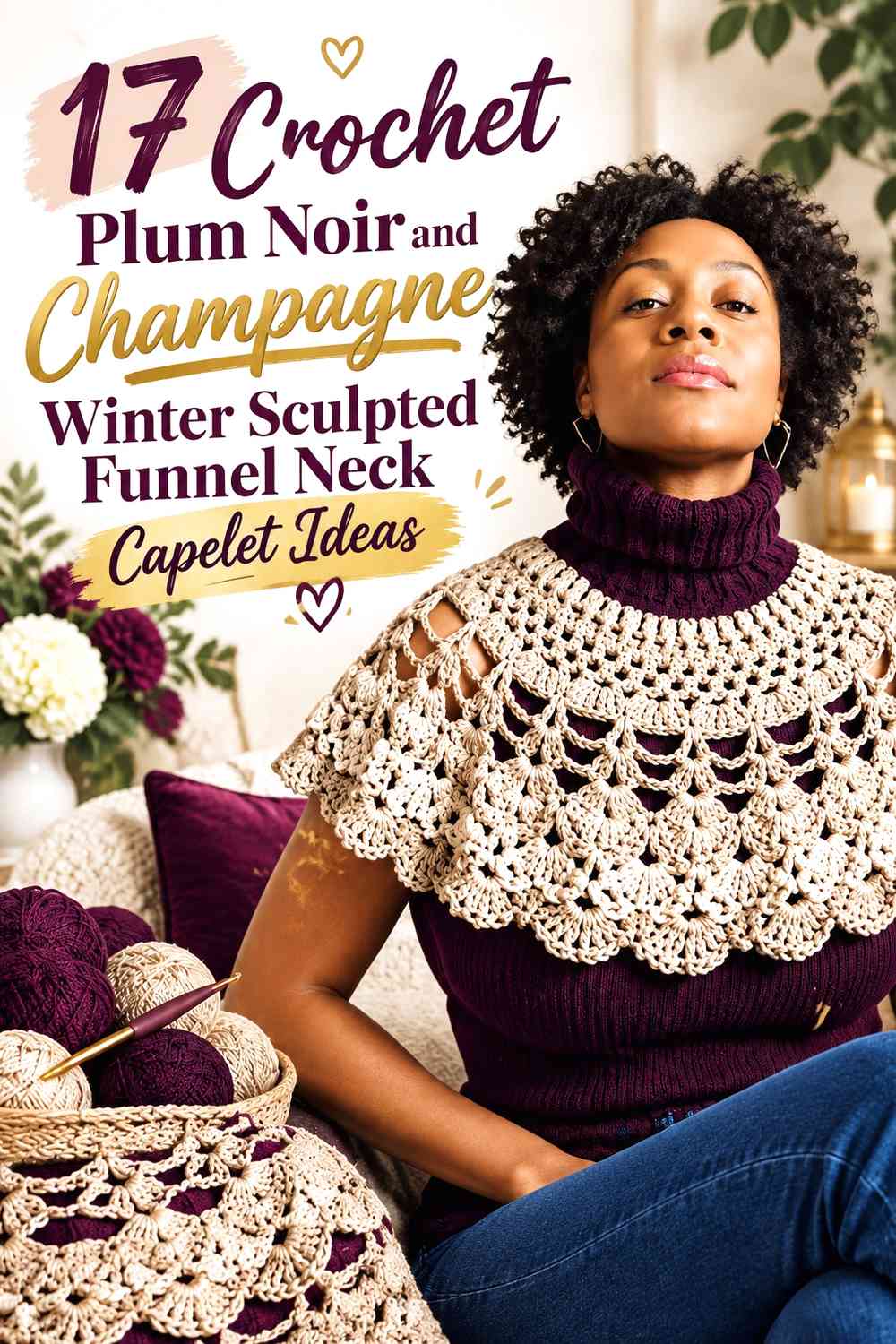 Crochet Plum Noir and Champagne Winter Sculpted Funnel Neck Capelet Ideas