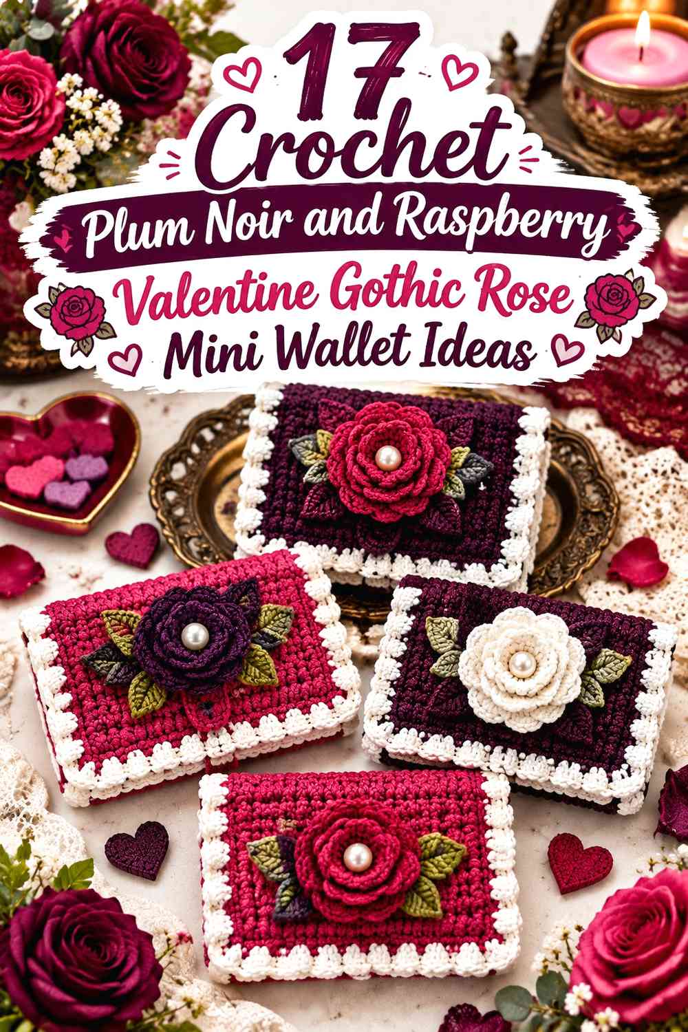 Crochet Plum Noir and Raspberry Valentine Gothic Rose Mini Wallet Ideas