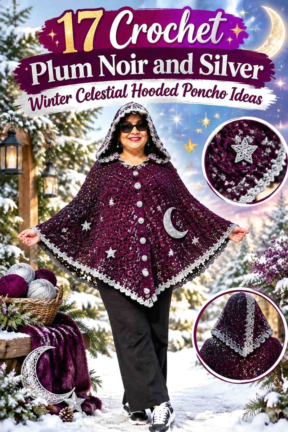 Plum Noir and Silver Crochet Winter Celestial Hooded Poncho Ideas