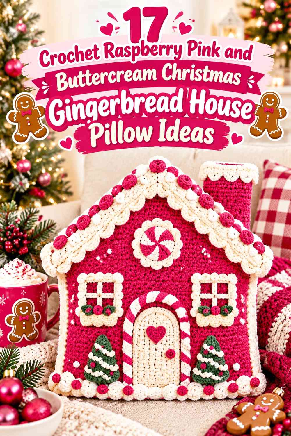 Crochet Raspberry Pink and Buttercream Christmas Gingerbread House Pillow Ideas