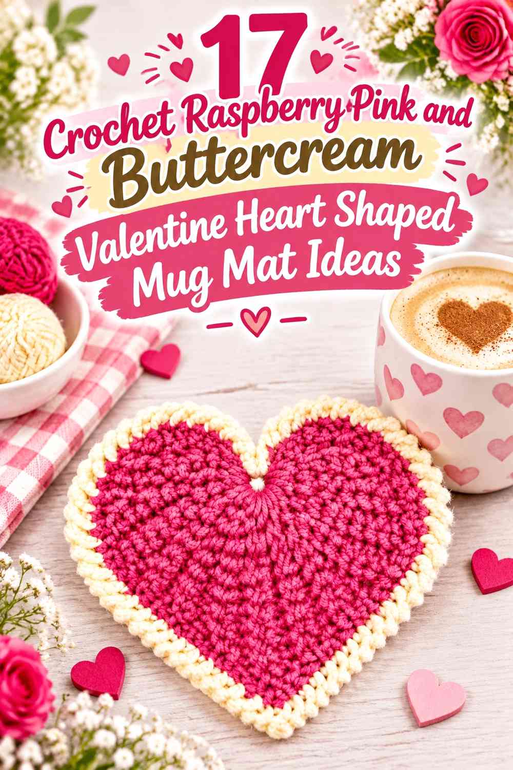 Crochet Raspberry Pink and Buttercream Valentine Heart Shaped Mug Mat Ideas