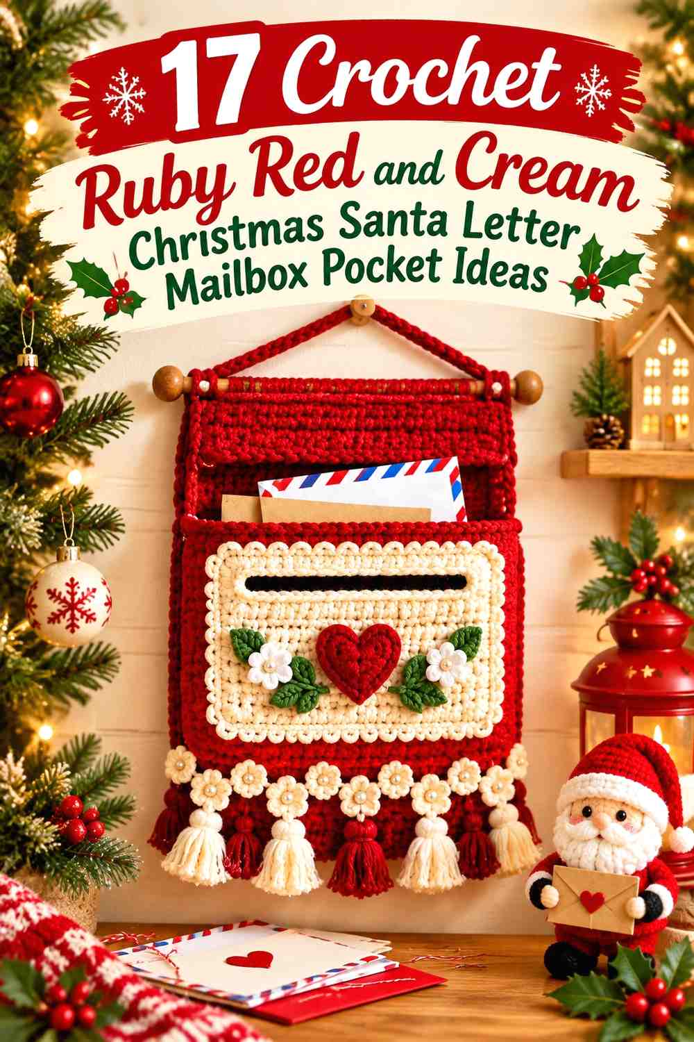 Crochet Ruby Red and Cream Christmas Santa Letter Mailbox Pocket Ideas