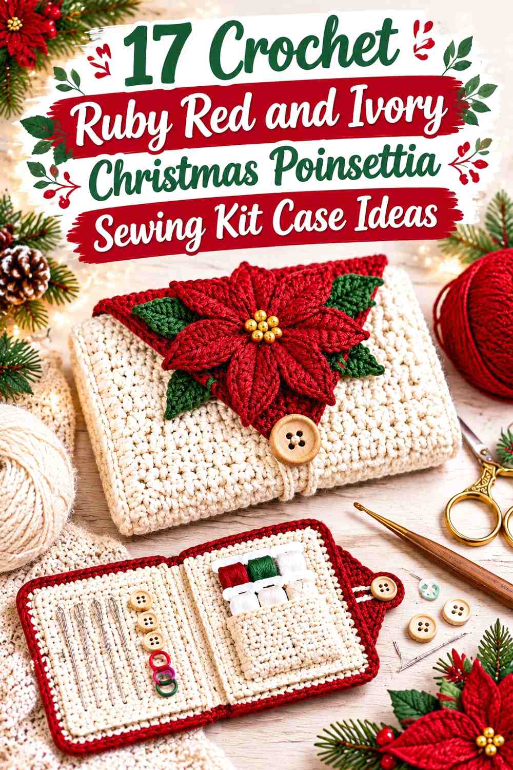 Ruby Red and Ivory Crochet Christmas Poinsettia Sewing Kit Case Ideas