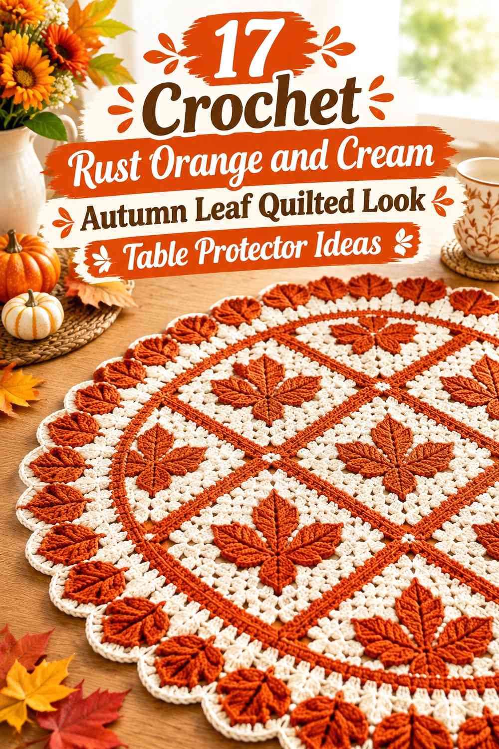 Crochet Rust Orange and Cream Autumn Leaf Quilted Look Table Protector Ideas