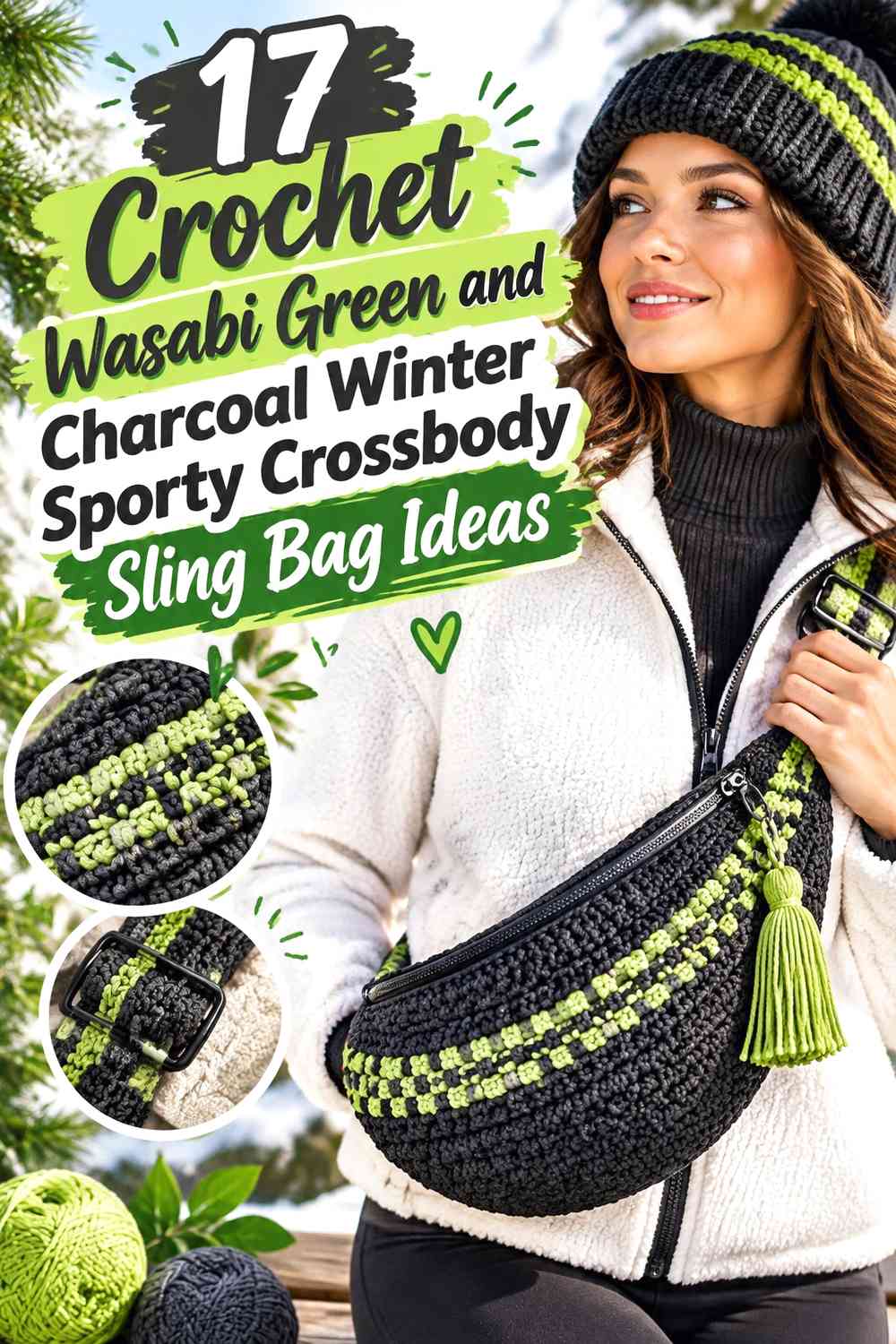 Crochet Wasabi Green and Charcoal Winter Sporty Crossbody Sling Bag Ideas