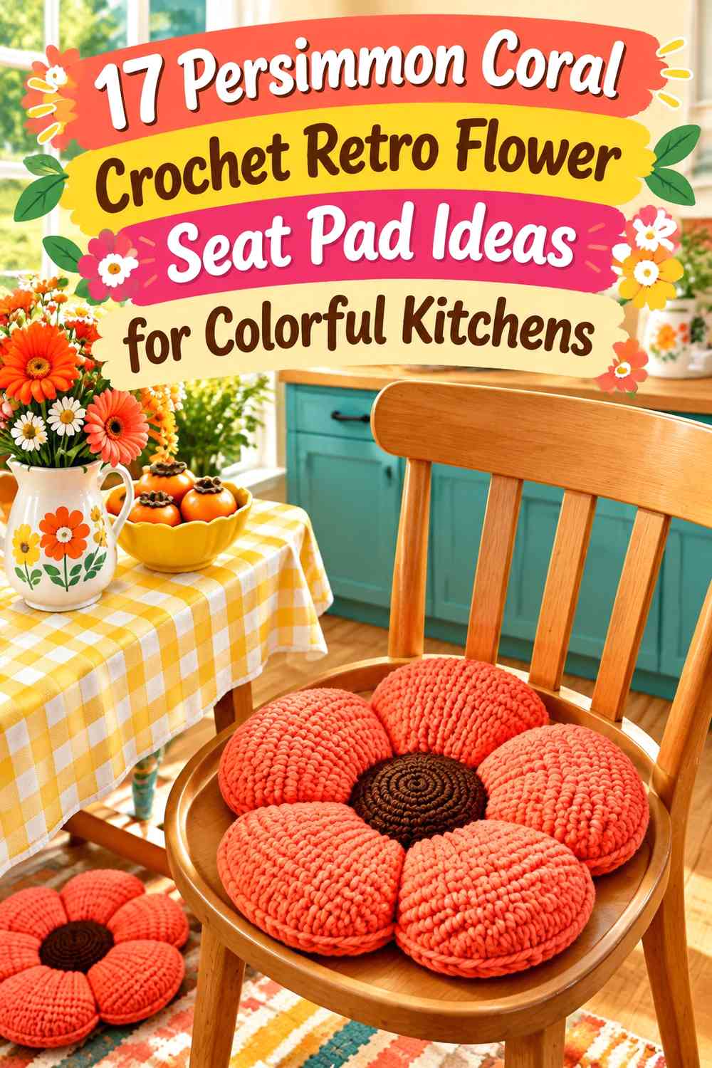 Persimmon Coral Crochet Retro Flower Seat Pad Ideas for Colorful Kitchens