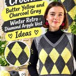 Crochet Butter Yellow and Charcoal Gray Winter Retro Diamond Argyle Vest Ideas