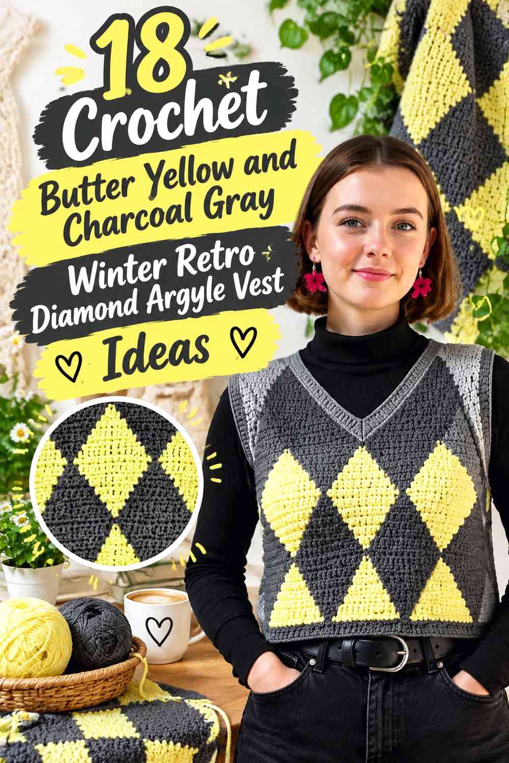 Crochet Butter Yellow and Charcoal Gray Winter Retro Diamond Argyle Vest Ideas
