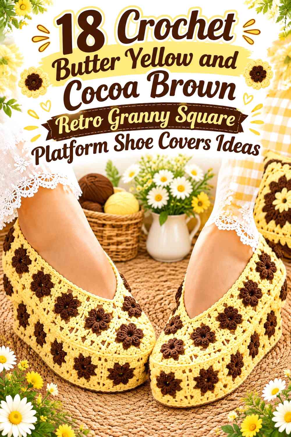 Crochet Butter Yellow and Cocoa Brown Retro Granny Square Platform Shoe Covers Ideas