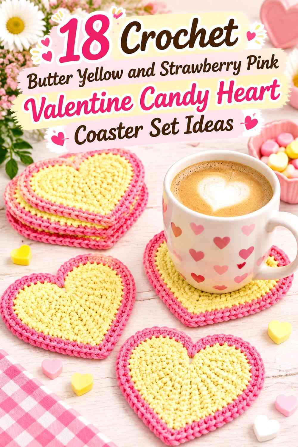 Crochet Butter Yellow and Strawberry Pink Valentine Candy Heart Coaster Set Ideas