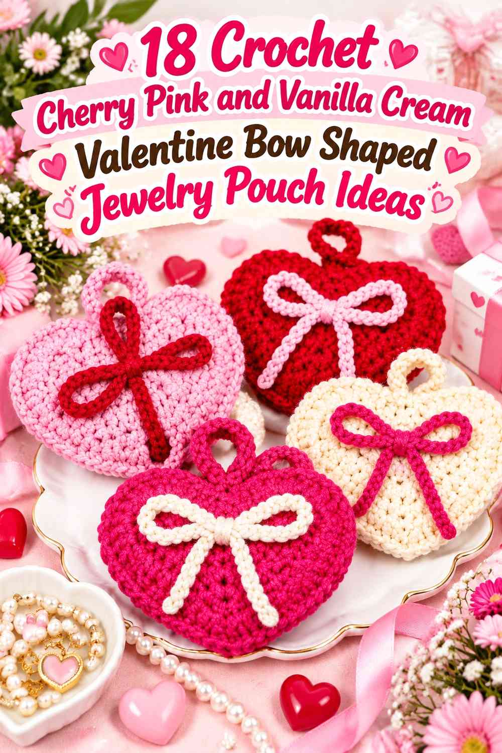 Crochet Cherry Pink and Vanilla Cream Valentine Bow Shaped Jewelry Pouch Ideas