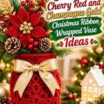 Crochet Cherry Red and Champagne Gold Christmas Ribbon Wrapped Vase Ideas