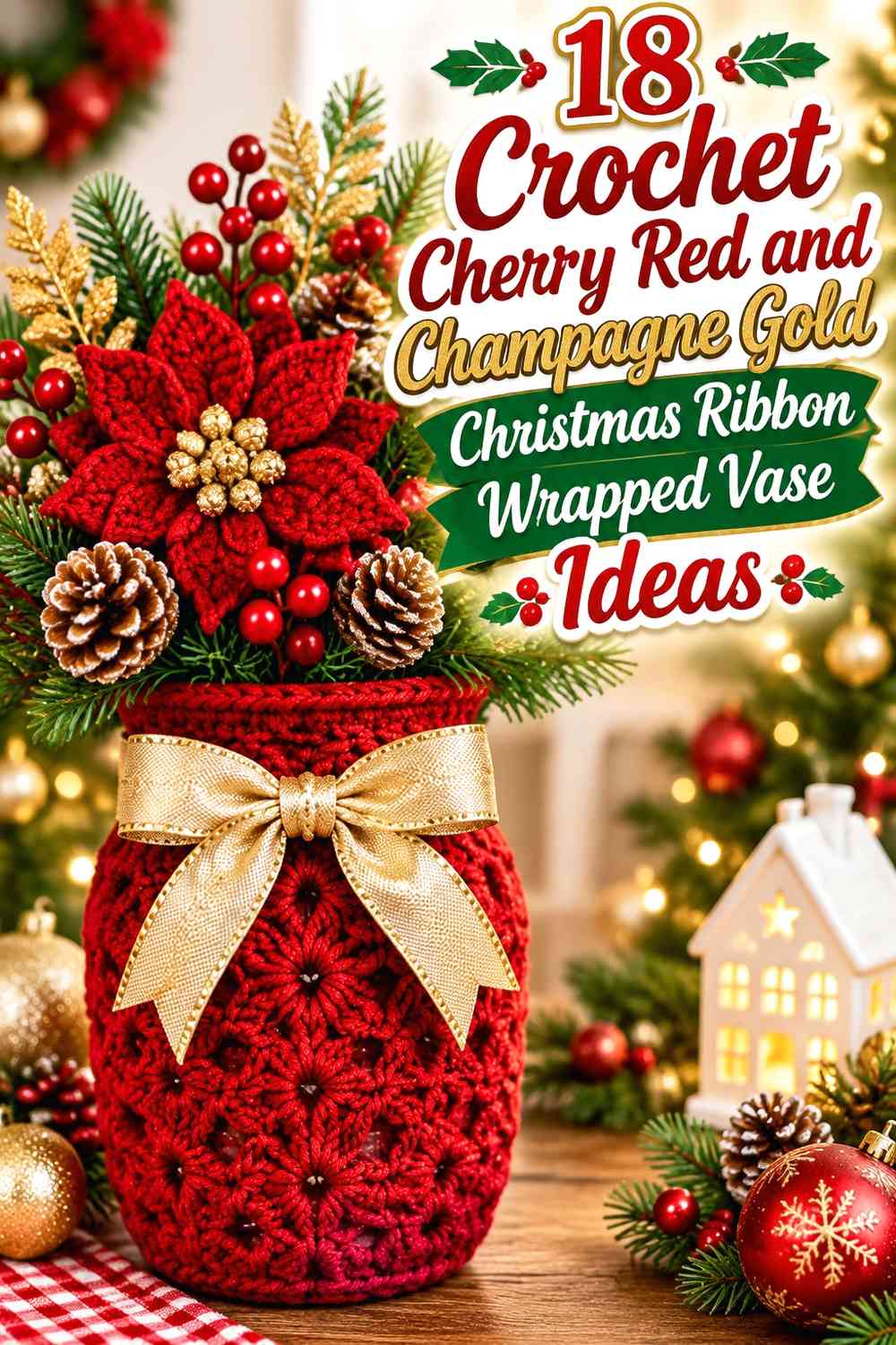 Crochet Cherry Red and Champagne Gold Christmas Ribbon Wrapped Vase Ideas