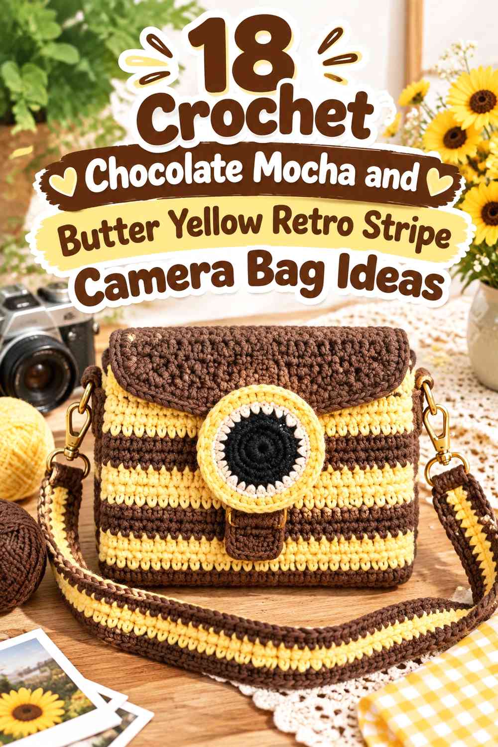 Crochet Chocolate Mocha and Butter Yellow Retro Stripe Camera Bag Ideas